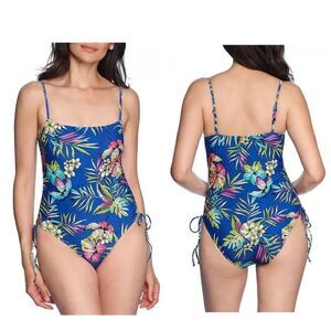 NWT LOFT Swim Women's Shirred Side Tie OnePiece Swimsuit Blue Tropical Print 2XL